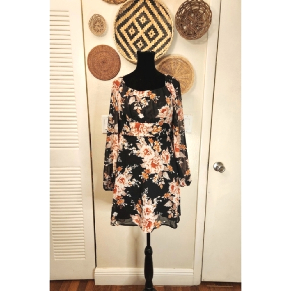Black Floral Long Sleeve Mini Dress With Tie Back